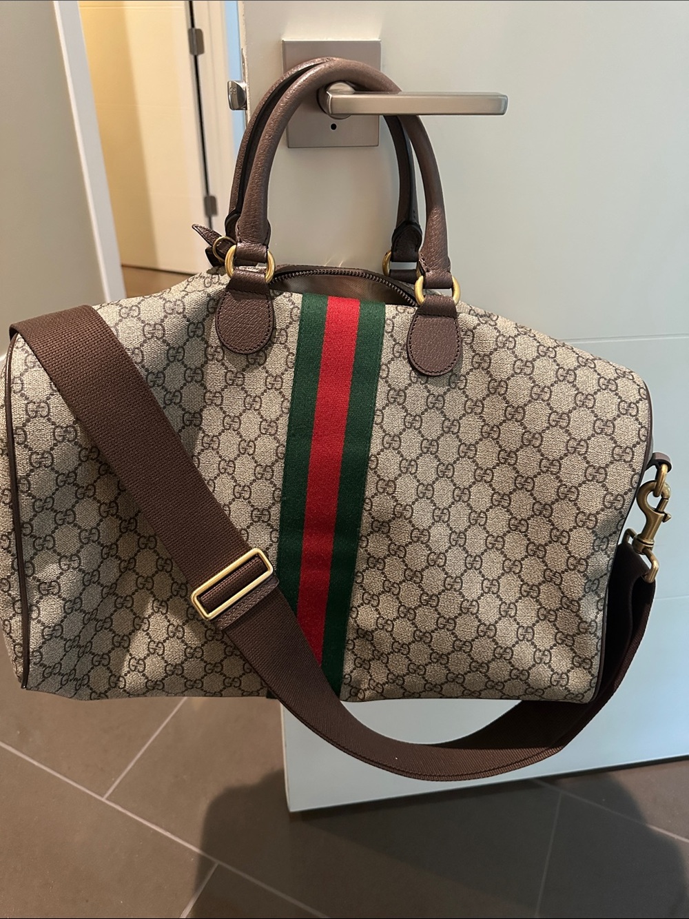 Gucci Brown GG Supreme Duffel with Green and Red Web Stripe - Picture 2 of 6
